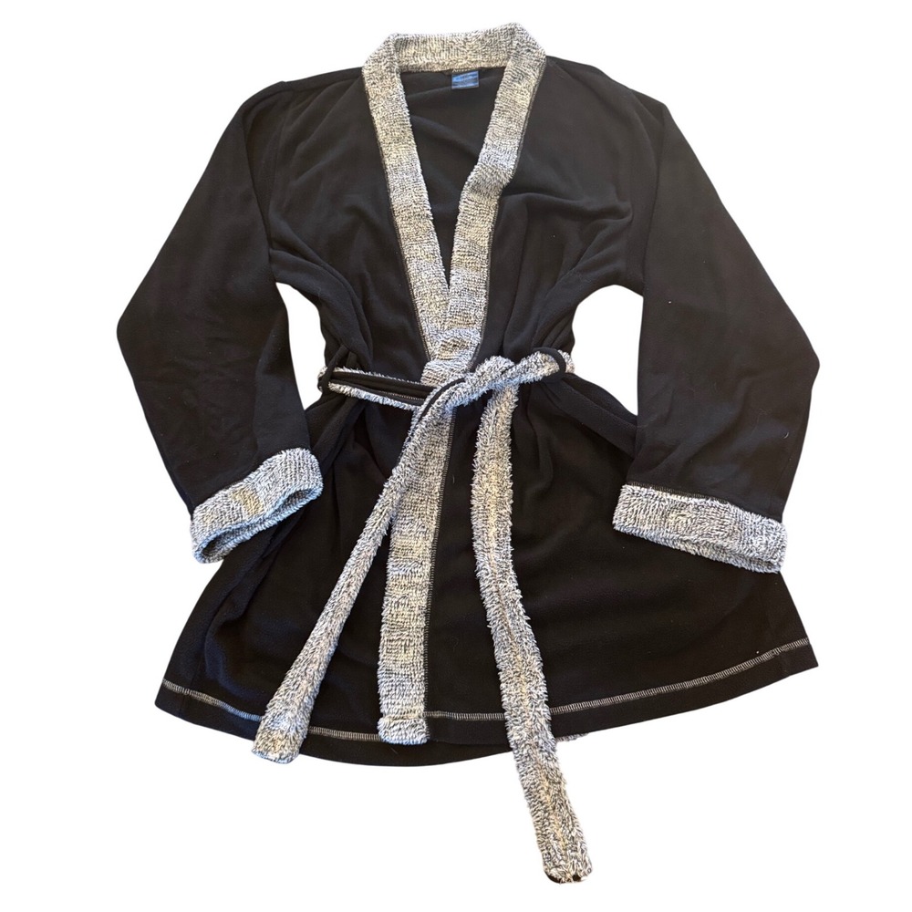 Ambrielle Womens Black Fleece Robe Small Short Tie Belt Marled Grey Trim Robe